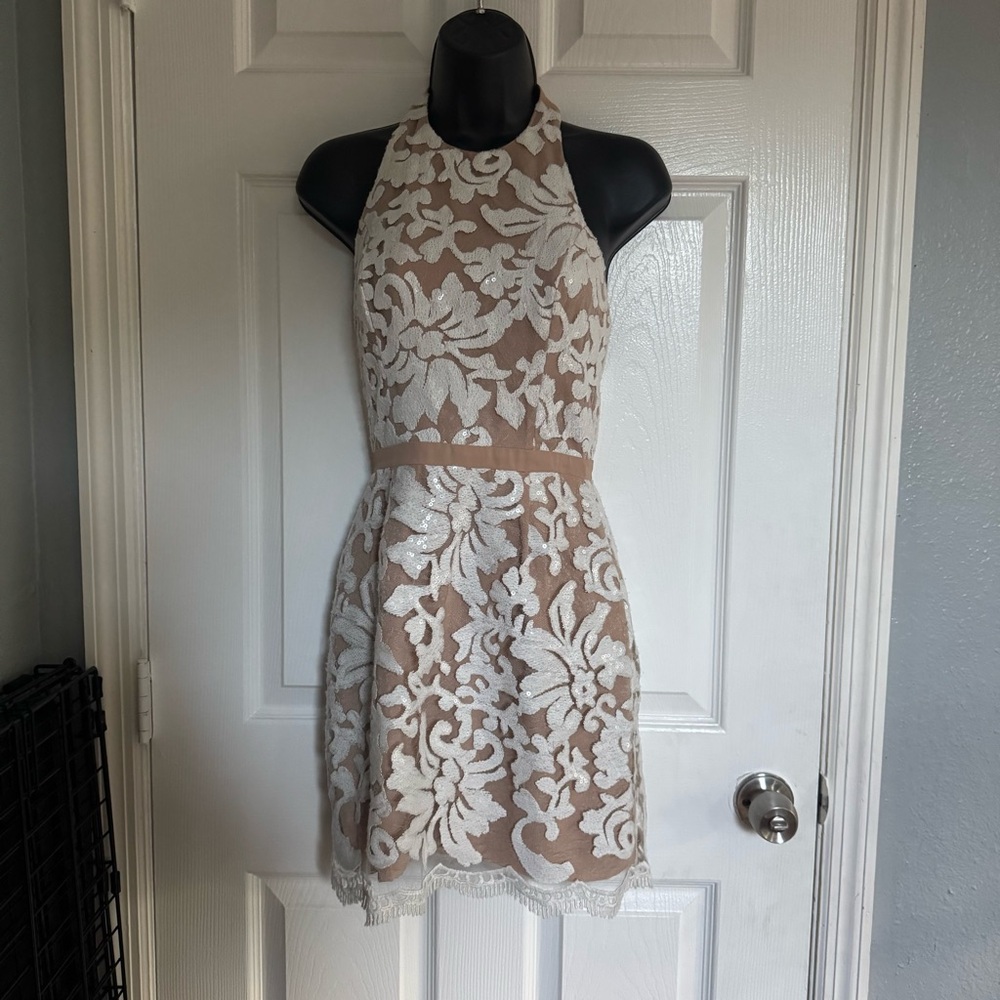 Dress the Population Sequin Tan and White Mini Dress - size S